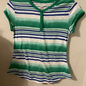GIRL'S SIZE 12 GUC JUSTICE GREEN BLUE WHITE  STRIPED SS SHIRT